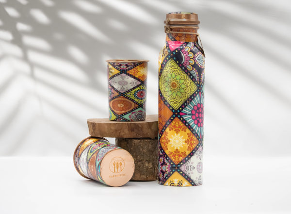 Meena Print Floral Pure Copper Bottle with Glass Set