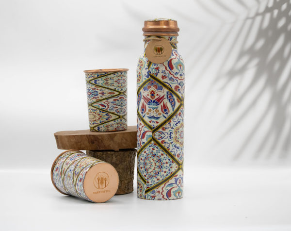 Meena Print Floral Pure Copper Bottle with Glass Set
