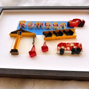 Construction Themed Name board | Customized Paper Quilling | Boys Name Decor Frame