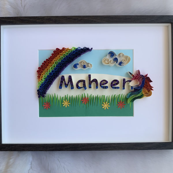 Unicorn/Pony/Rainbow Themed Name board | Customized Paper Quilling | Girls Name Decor Frame