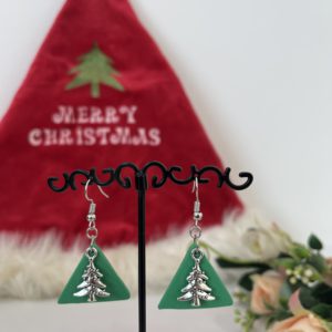 Green Clay with Silver X-mas Tree Earrings | Christmas Accessories
