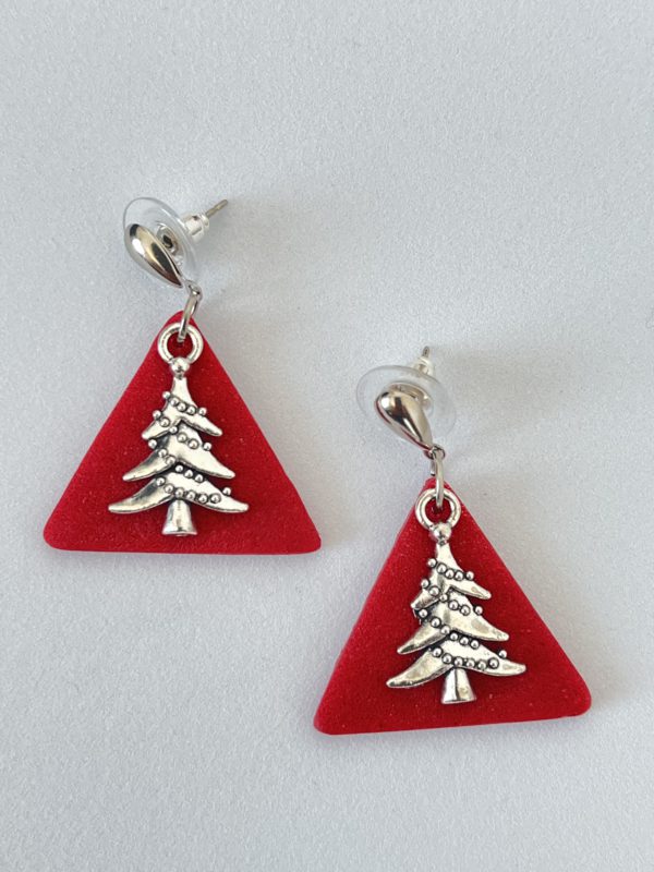 Green Clay with Silver X-mas Tree Earrings | Christmas Accessories