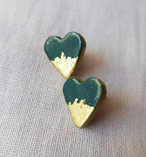 Deep Green Gold Little Heart Studs | Polymer Clay Earrings