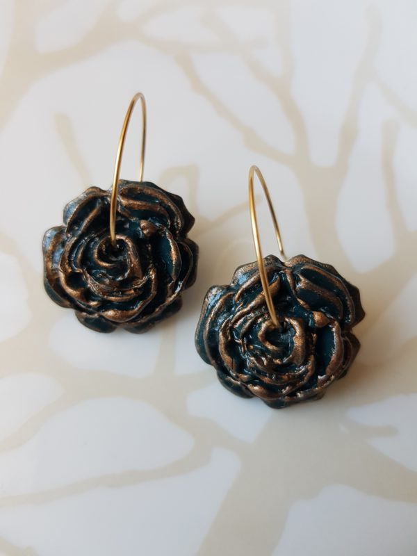 Dark Green Blue rose Earring Hoops with Gold Accents