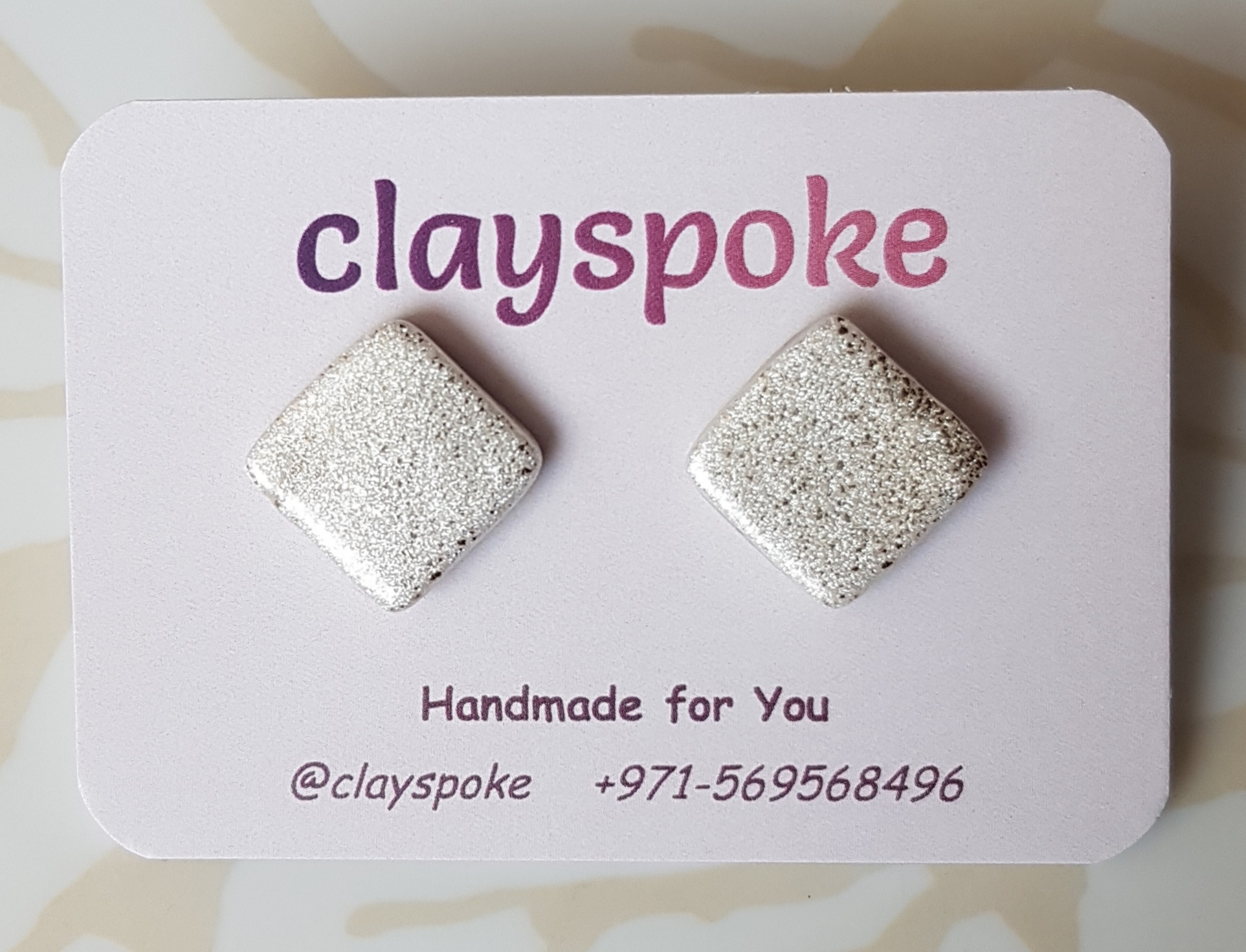 Satin White Studs with Specks of Silver | Polymer Clay Earrings