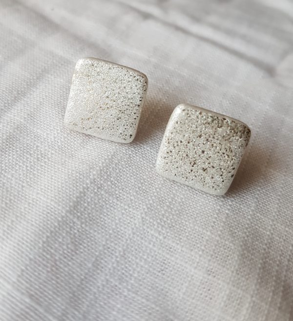 Satin White Studs with Specks of Silver | Polymer Clay Earrings