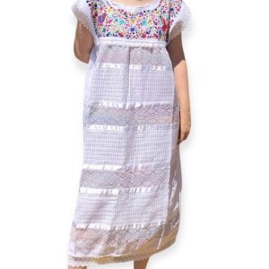 Women Mexican Short Sleeves woven dress with a Pre-hispanic technique and embroidered with colored blowers by our Mexican indigenous artisans