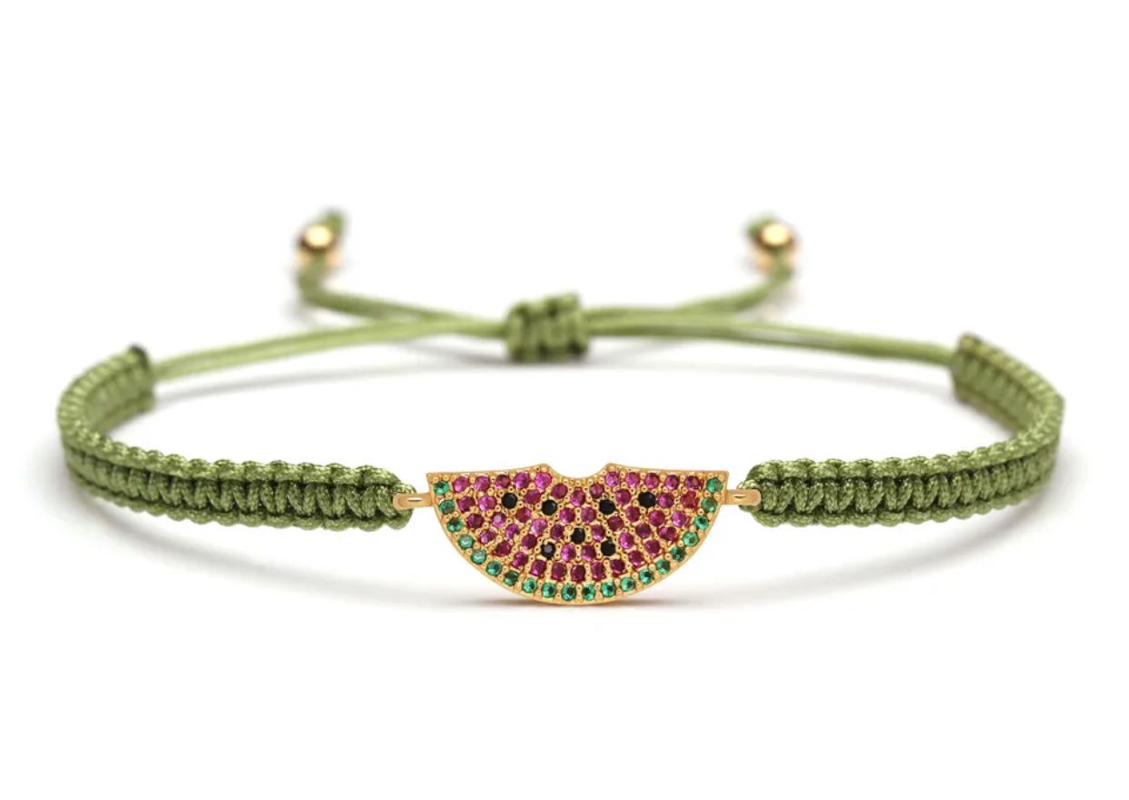 Cubic Zirconia Watermelon Charm Bracelet - Adjustable Macrame String, Perfect Gift for Women and Girls