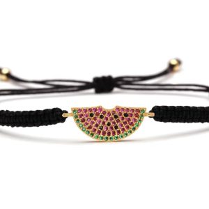 Cubic Zirconia CZ Brass Watermelon Charm Bracelet Women Girl black String Macrame Square Knot Adjustable Fruit Jewelry Present